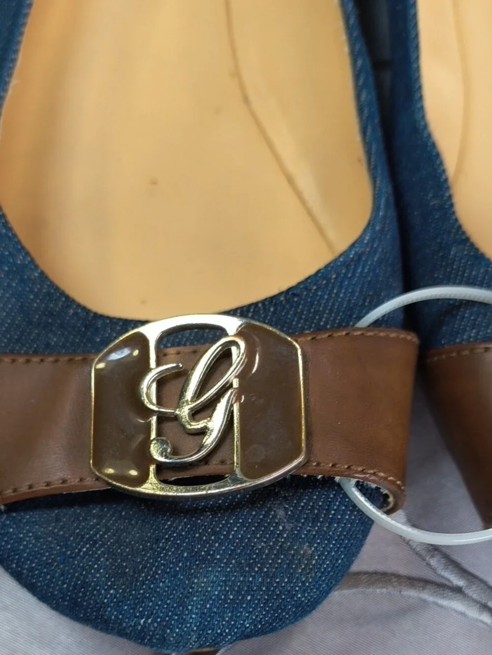 GUESS Denim Navy Ballet Flats with Brown Trim and Logo Accent AB